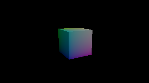 A lit cube with differently coloured faces, turned partway around its vertical axis