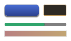 A gradient button with a border and a soft shadow, a framed panel, a rounded gauge and a faded gradient strip